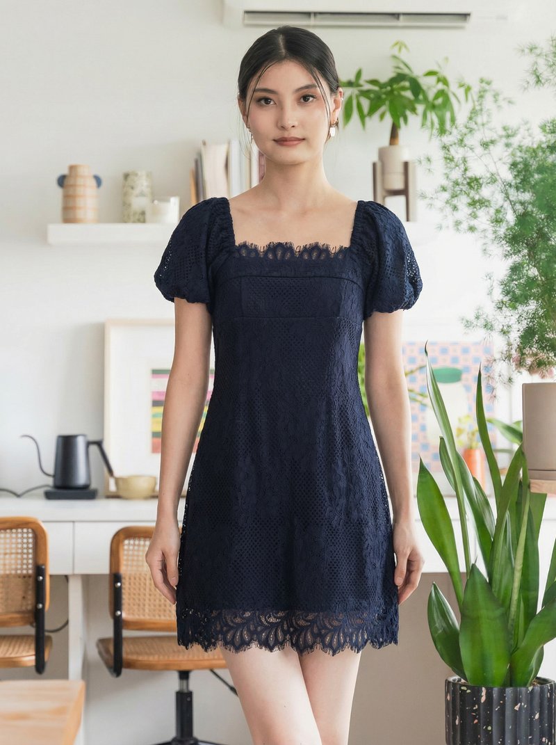Qian Lace Puff Sleeves Dress In Navy