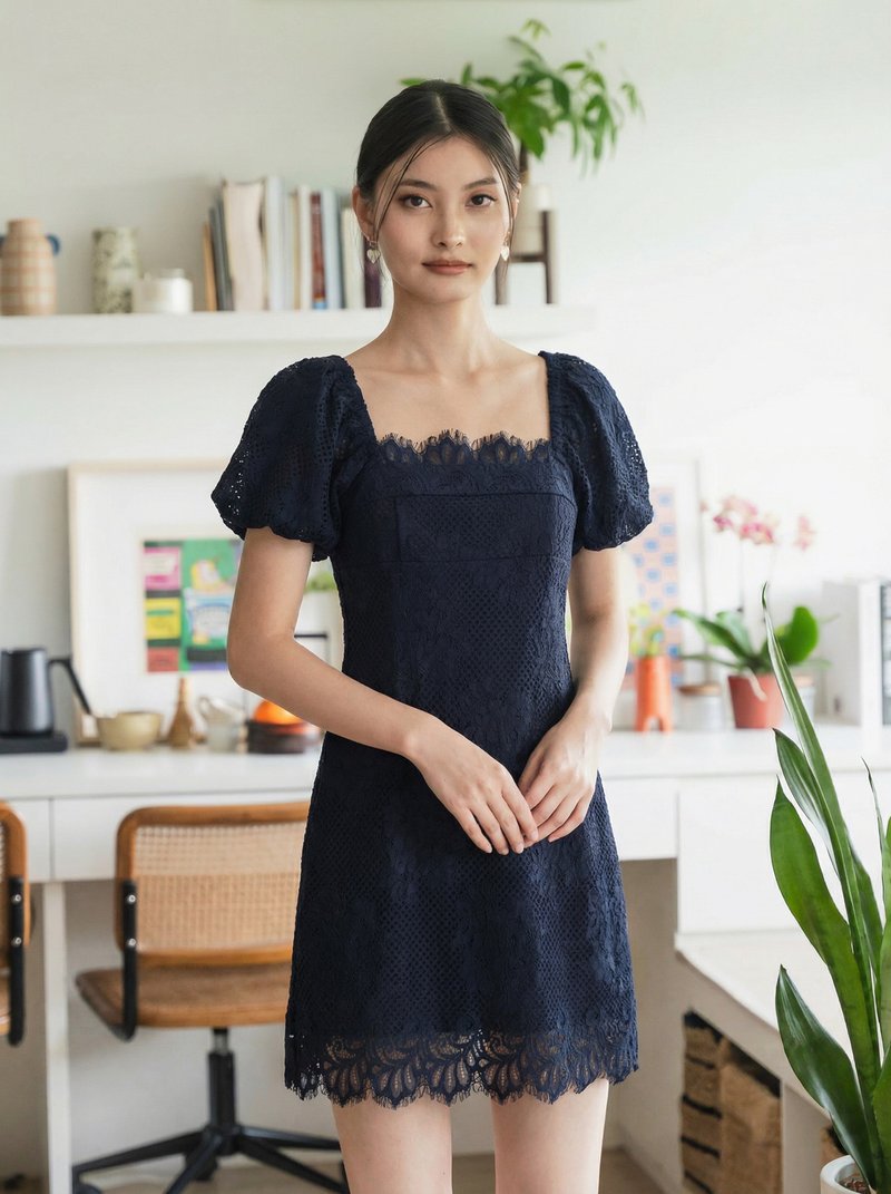 Qian Lace Puff Sleeves Dress In Navy