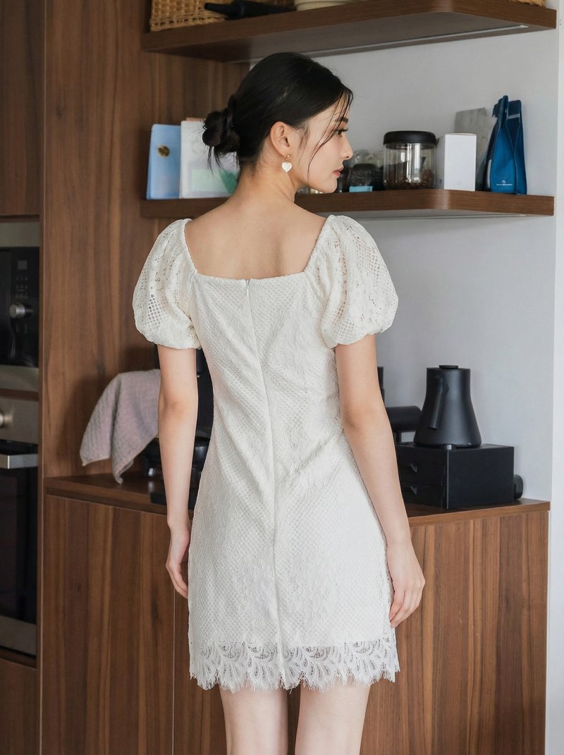 Qian Lace Puff Sleeves Dress In White