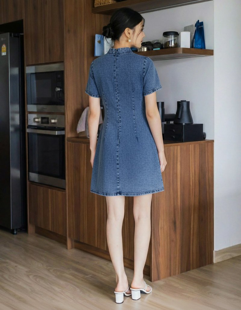 Casell Denim Sleeved Cheongsam Dress