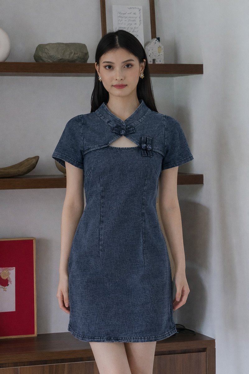 Quincy Denim Sleeved Qipao Dress in Dark Wash
