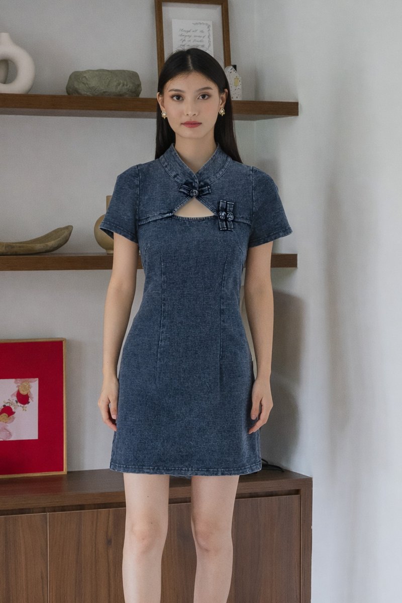 Quincy Denim Sleeved Qipao Dress in Dark Wash