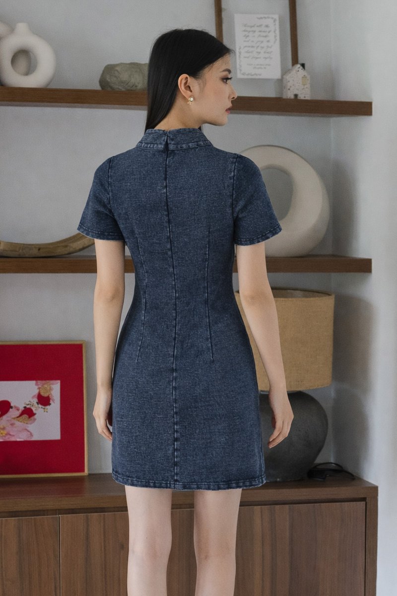 Quincy Denim Sleeved Qipao Dress in Dark Wash