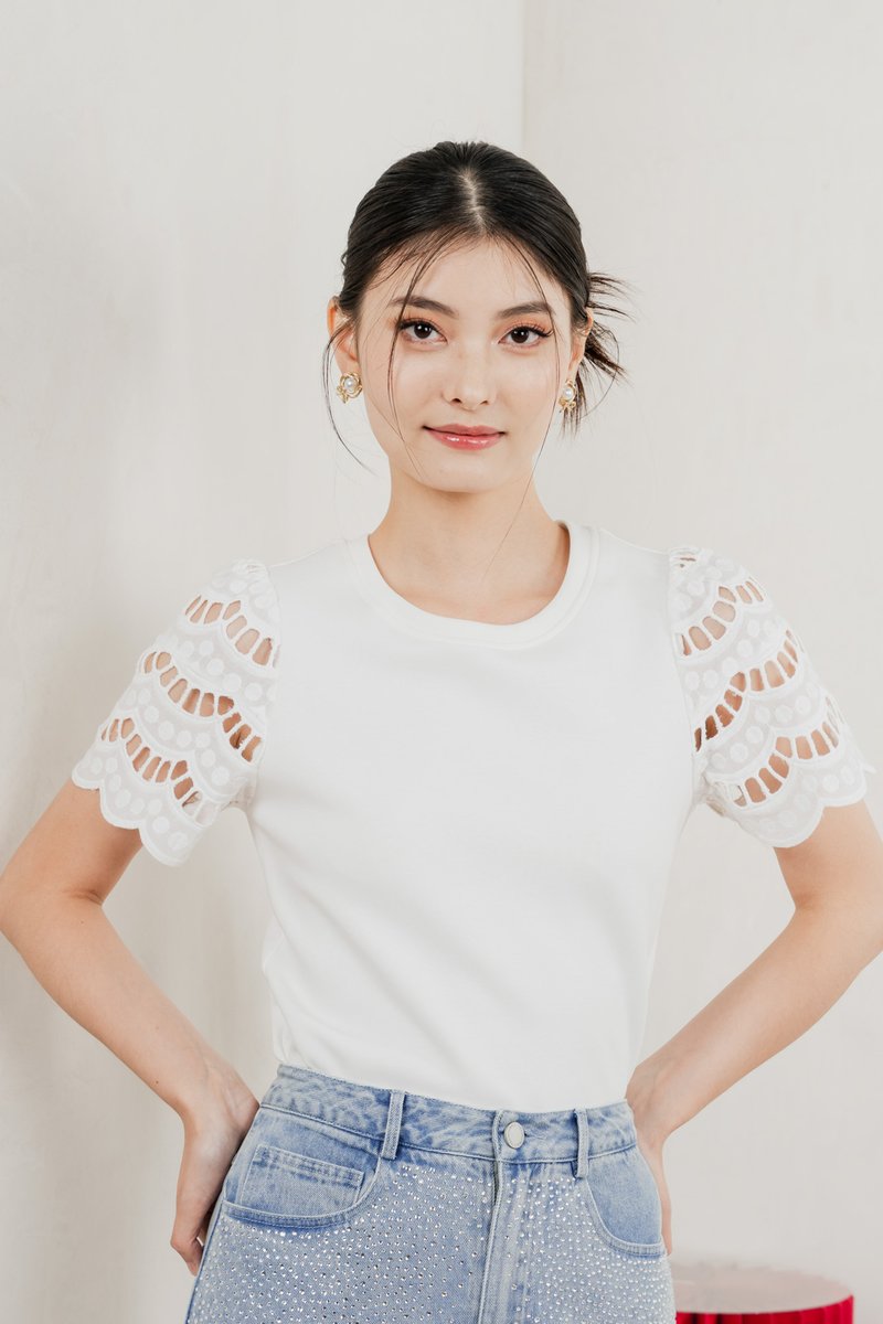 Aldith Cotton Eyelet Sleeve Top In White