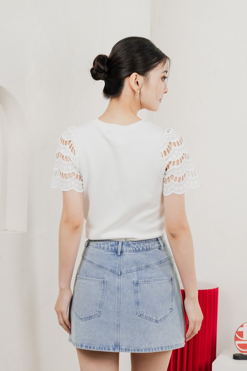Aldith Cotton Eyelet Sleeve Top In White
