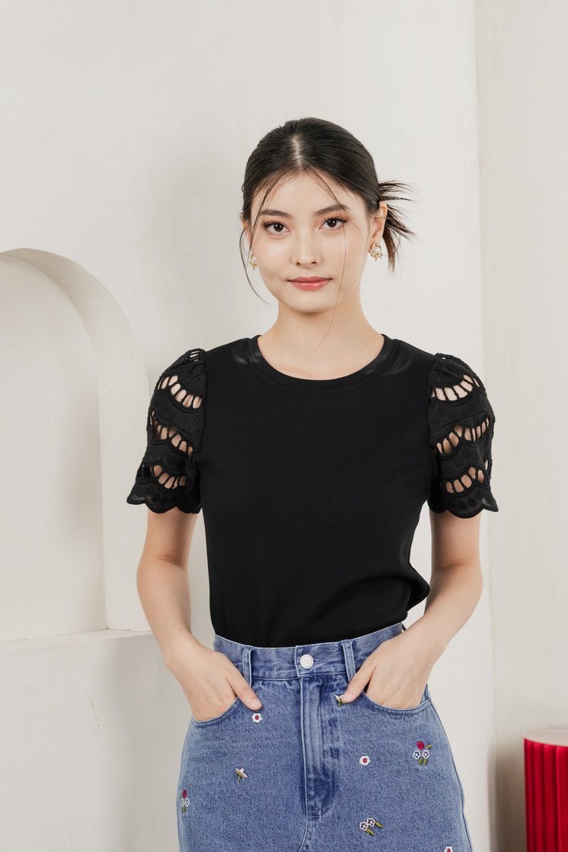 Aldith Cotton Eyelet Sleeve Top In Black