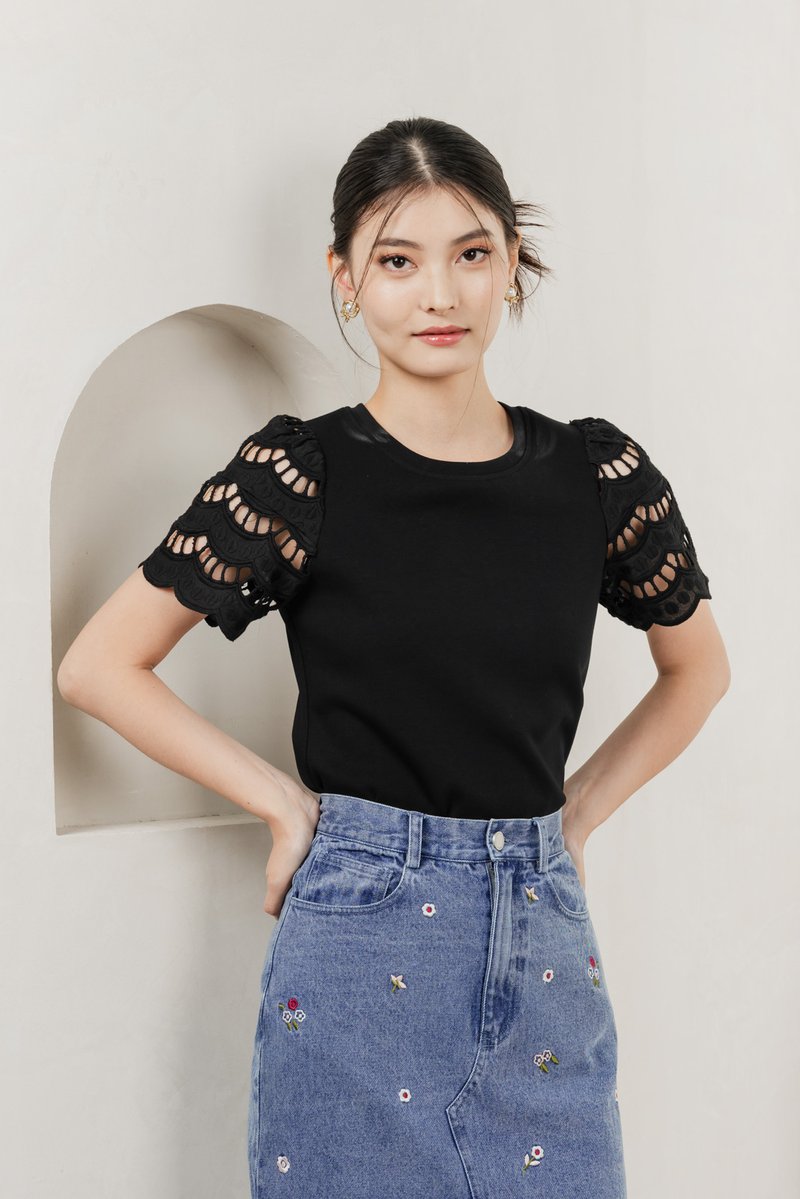 Aldith Cotton Eyelet Sleeve Top In Black