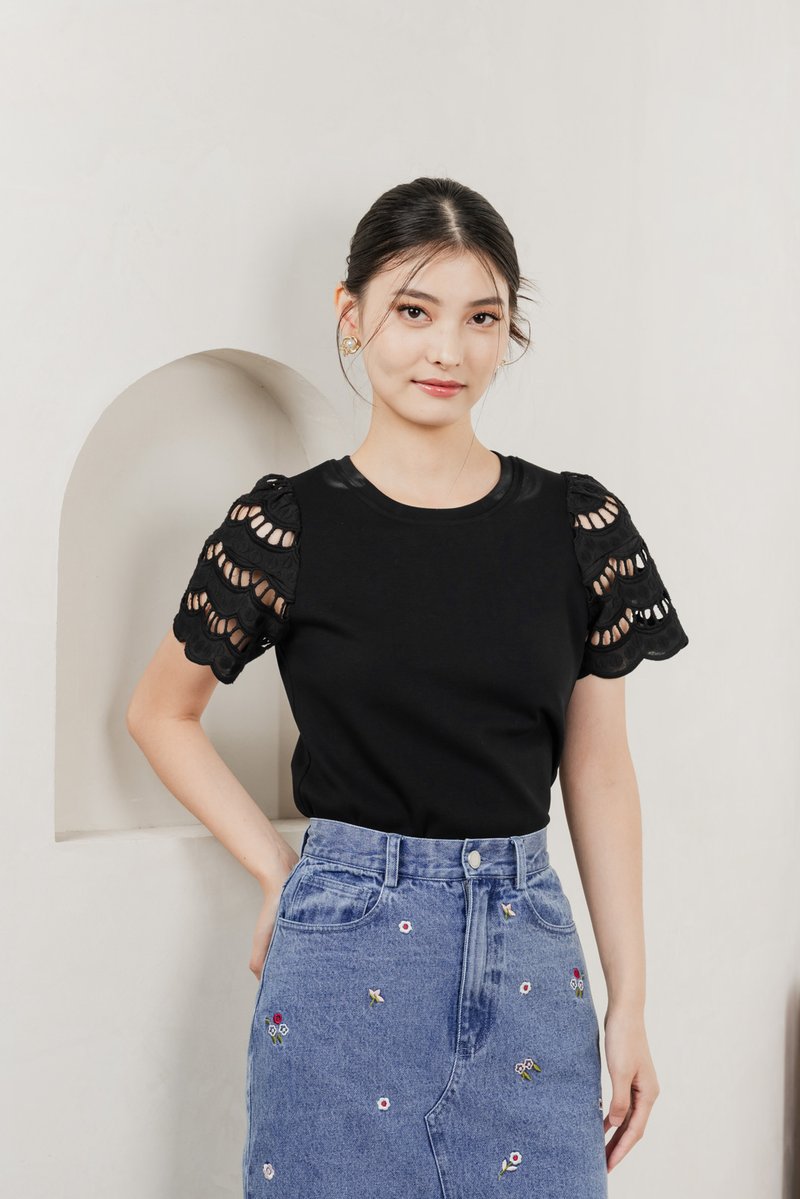 Aldith Cotton Eyelet Sleeve Top In Black