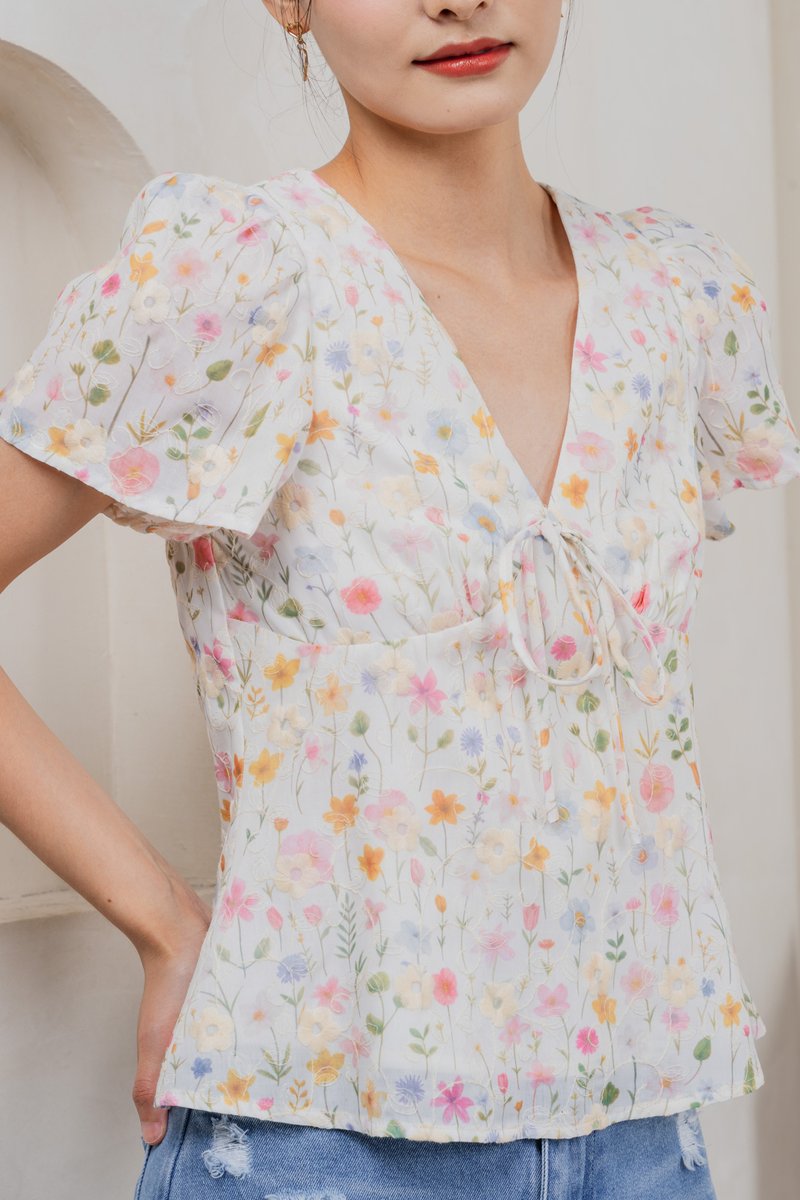 Sakura Embroidery Ribbon Top In Pink