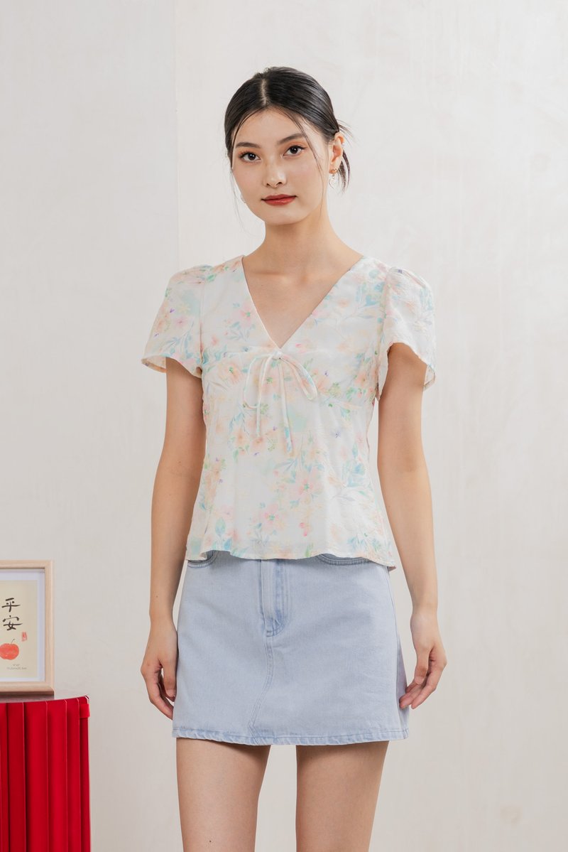 Sakura Embroidery Ribbon Top In White