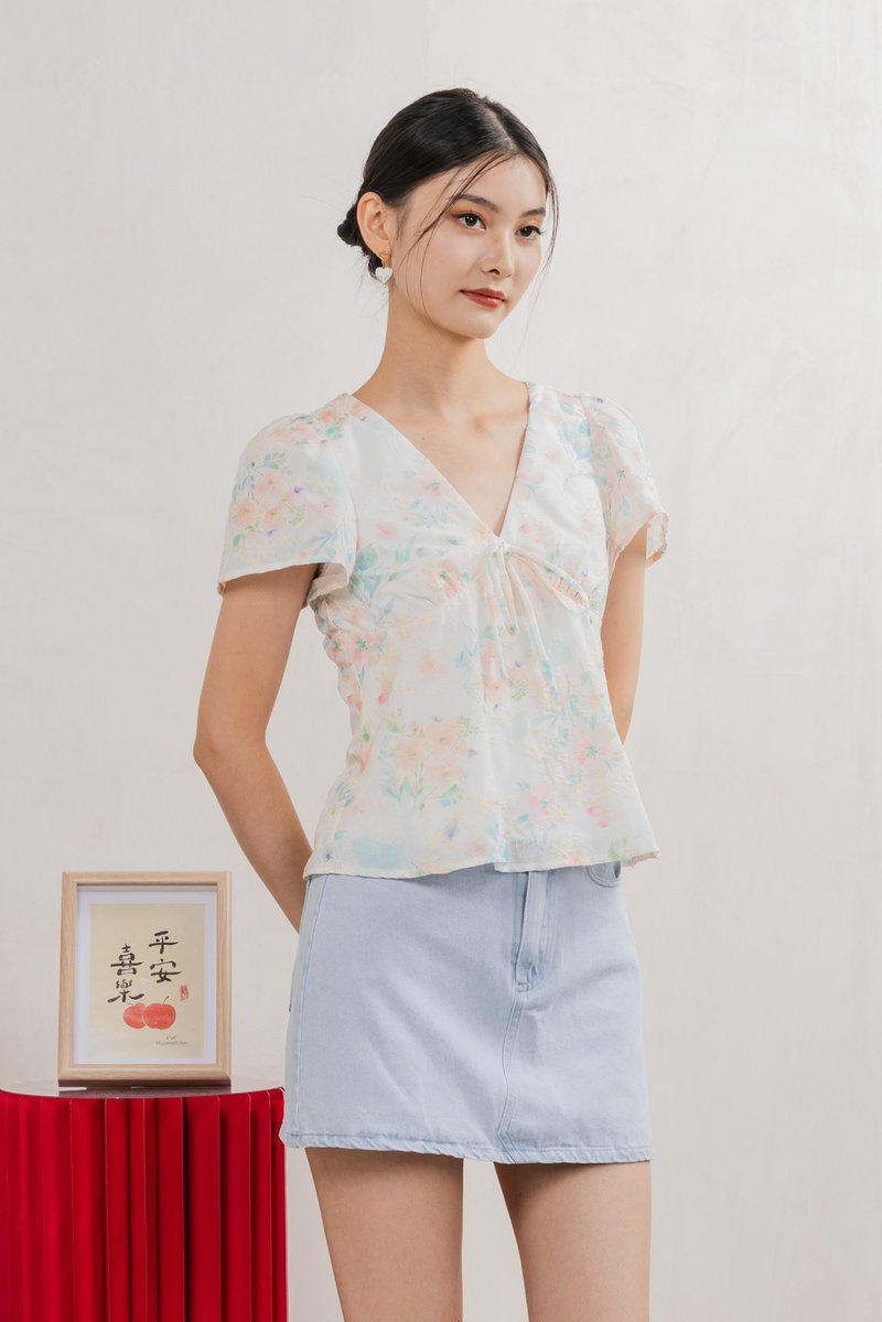 Sakura Embroidery Ribbon Top In White