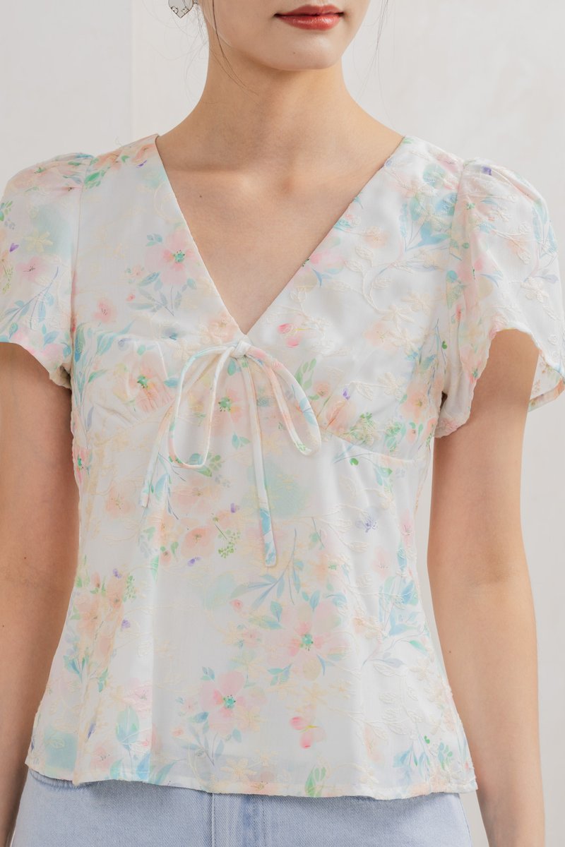 Sakura Embroidery Ribbon Top In White