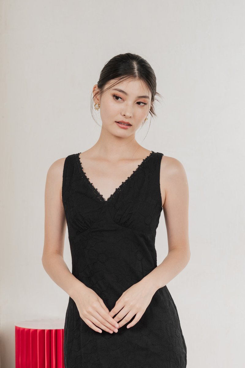 Floris Embroidery Lace Midi Dress In Black