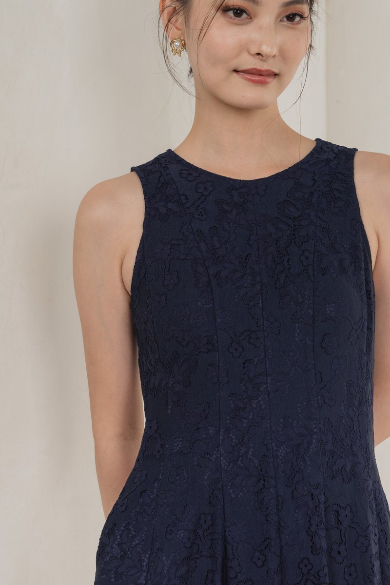 Fortress Lace Panelled Midi Dress In Navy