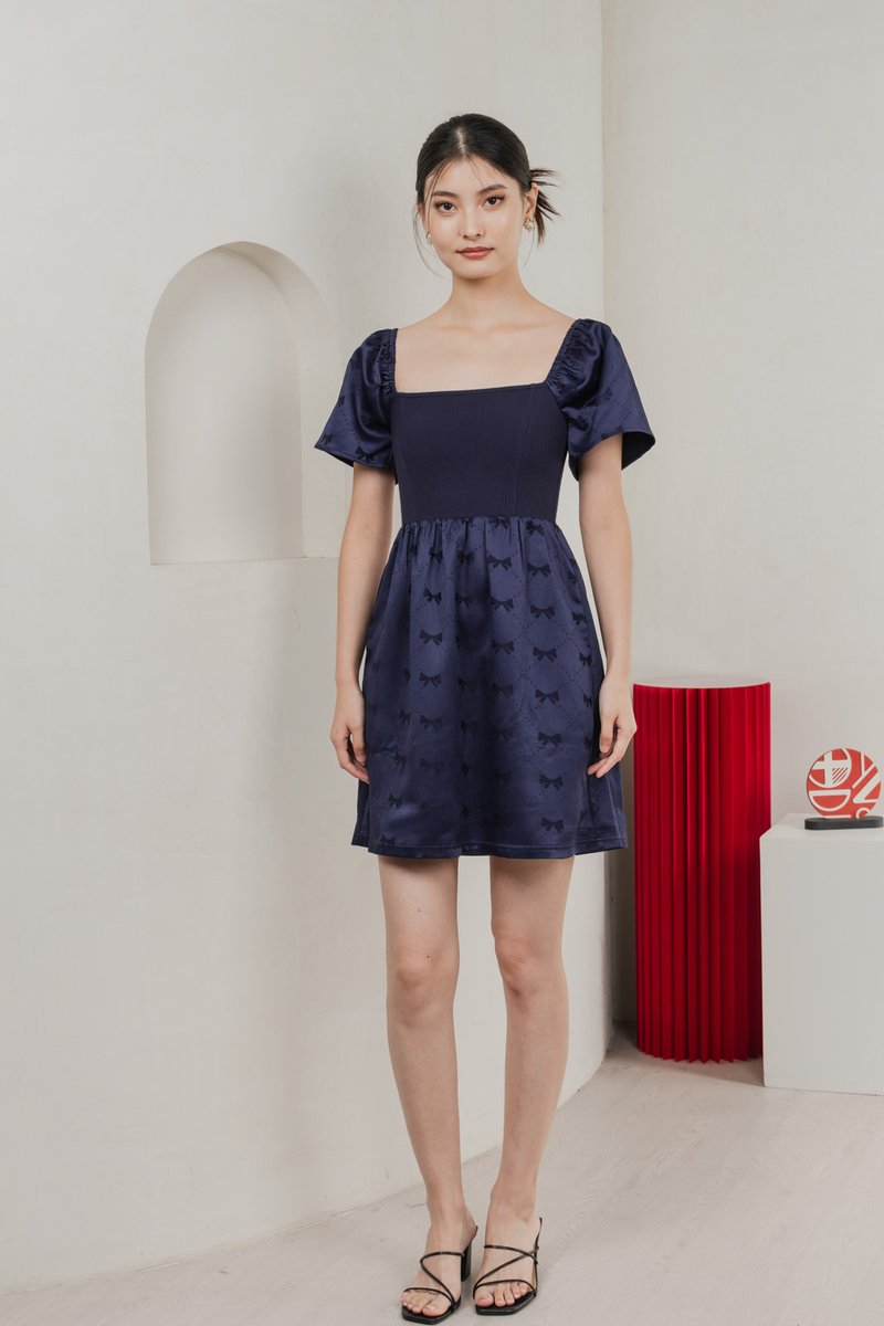 Marcelle Mixed Fabric Ribbon Texture Dress In Navy