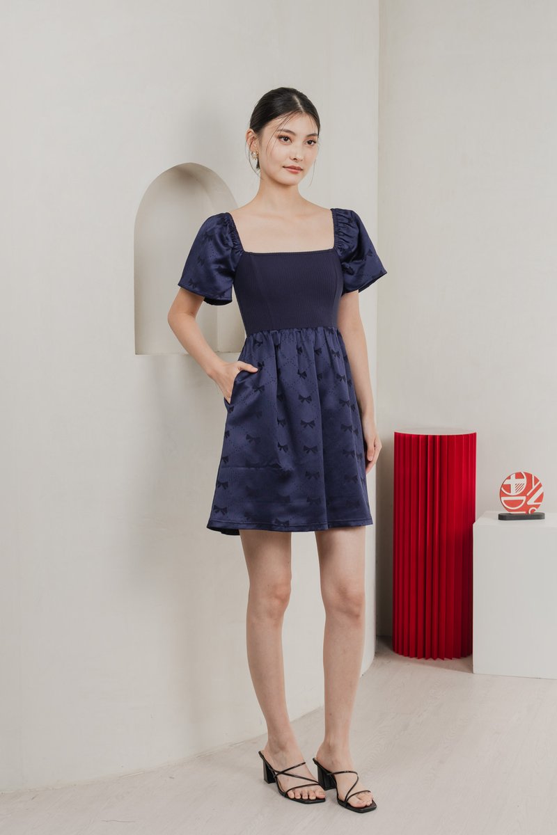 Marcelle Mixed Fabric Ribbon Texture Dress In Navy