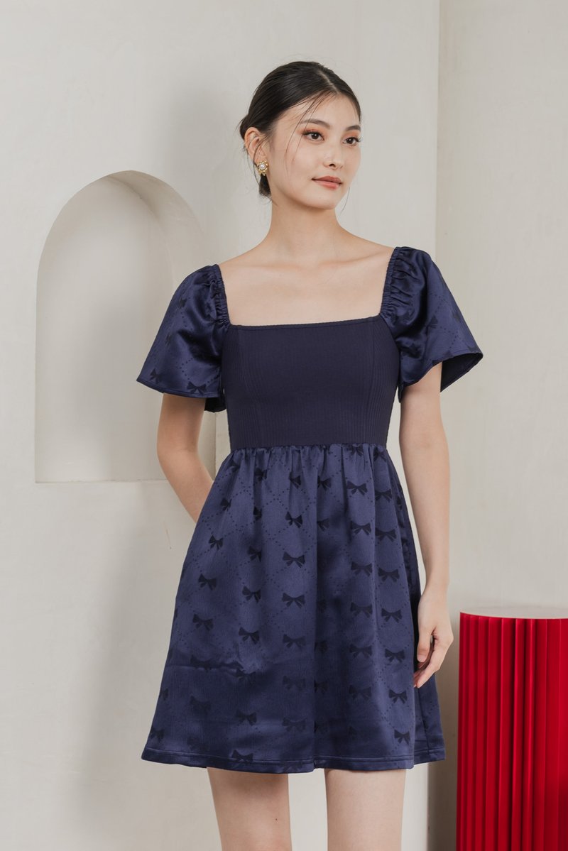 Marcelle Mixed Fabric Ribbon Texture Dress In Navy