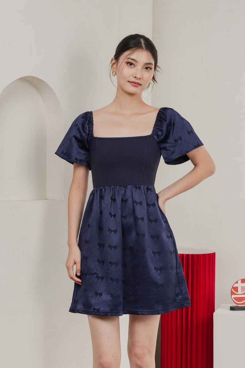Marcelle Mixed Fabric Ribbon Texture Dress In Navy