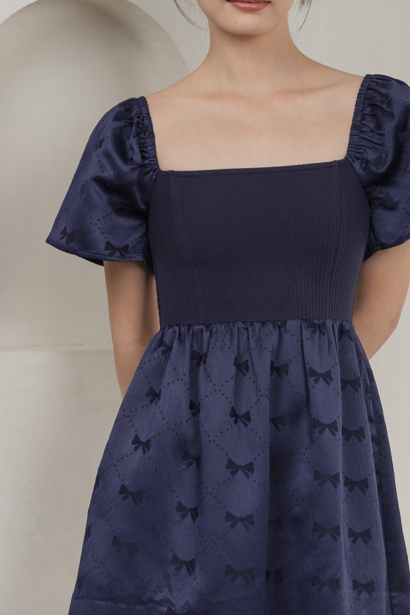 Marcelle Mixed Fabric Ribbon Texture Dress In Navy
