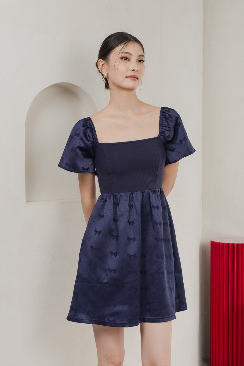Marcelle Mixed Fabric Ribbon Texture Dress In Navy