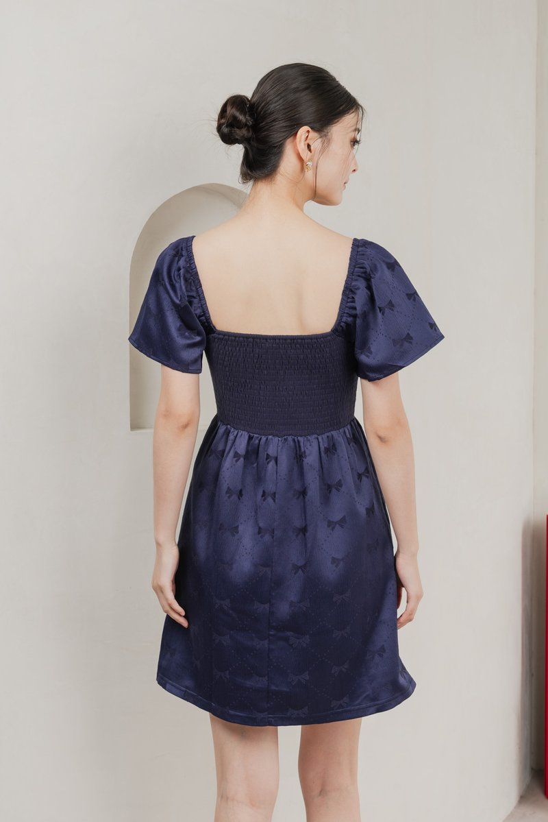 Marcelle Mixed Fabric Ribbon Texture Dress In Navy