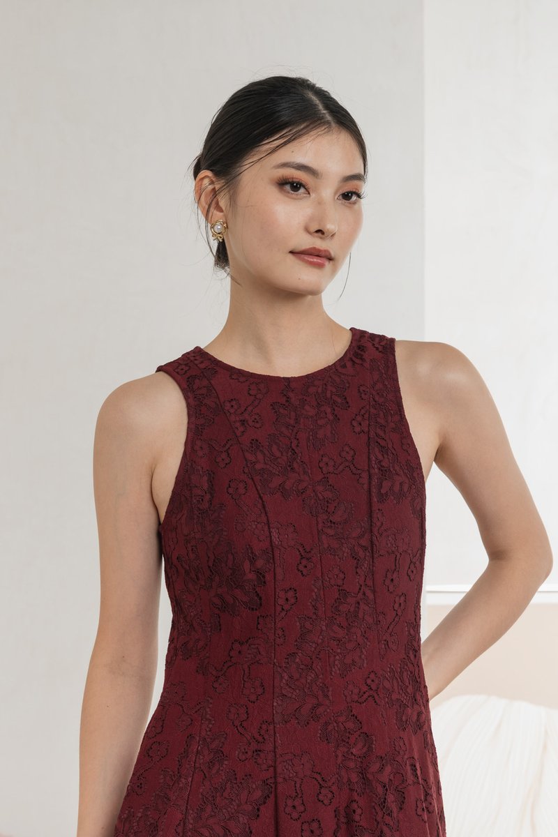 Fortress Lace Panelled Midi Dress In Wine