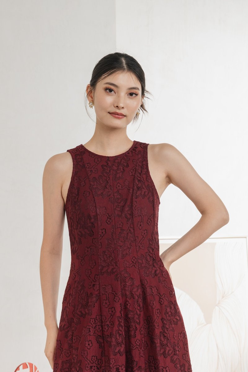 Fortress Lace Panelled Midi Dress In Wine