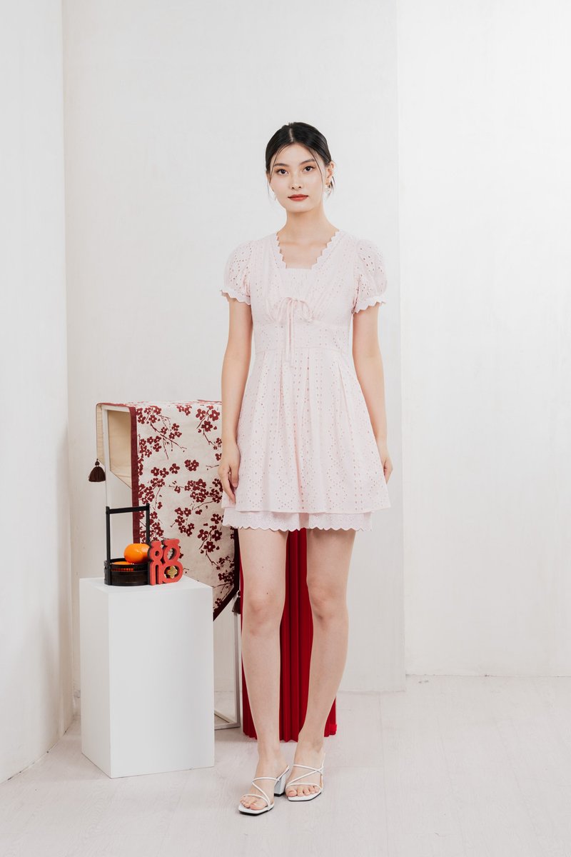 Rosewood Eyelet Ribbon Pleated Dress In Baby Pink