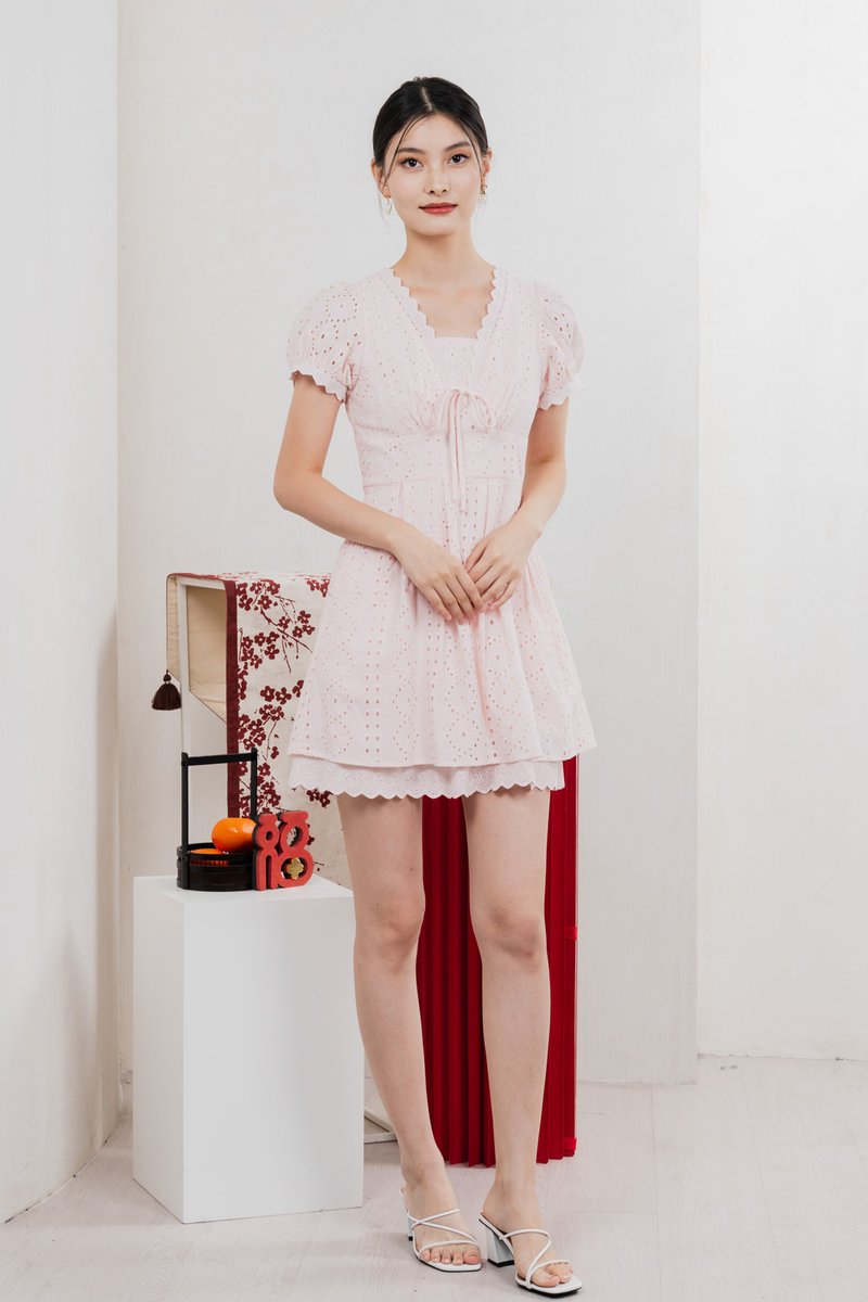 Rosewood Eyelet Ribbon Pleated Dress In Baby Pink