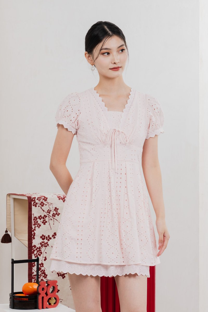 Rosewood Eyelet Ribbon Pleated Dress In Baby Pink
