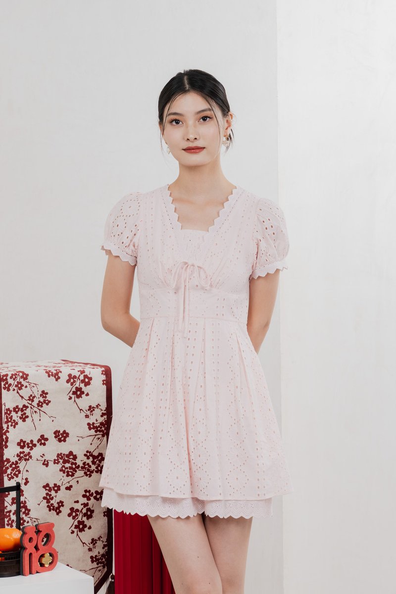 Rosewood Eyelet Ribbon Pleated Dress In Baby Pink