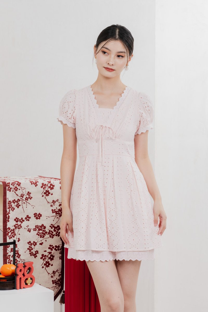 Rosewood Eyelet Ribbon Pleated Dress In Baby Pink
