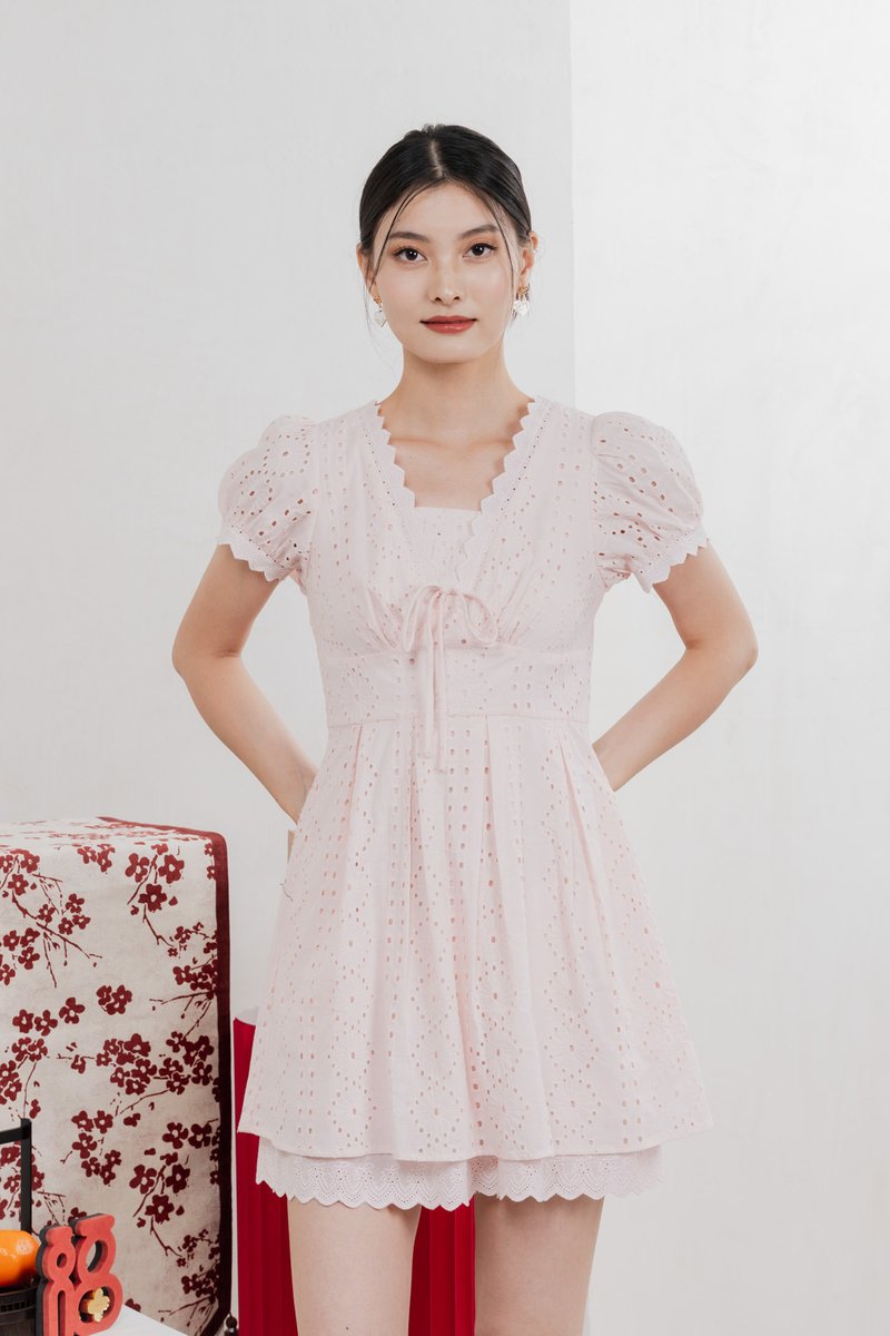 Rosewood Eyelet Ribbon Pleated Dress In Baby Pink