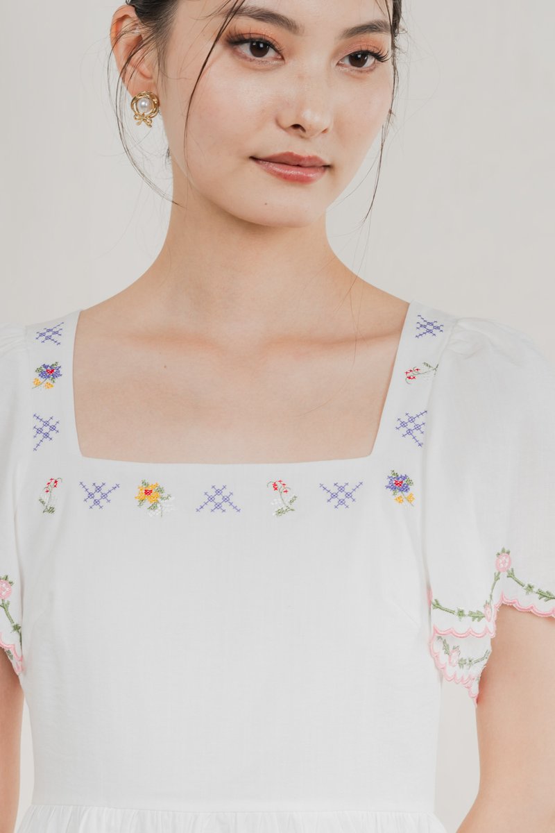 Pure Bliss Cross Stitch Embroidery Dress Romper In White