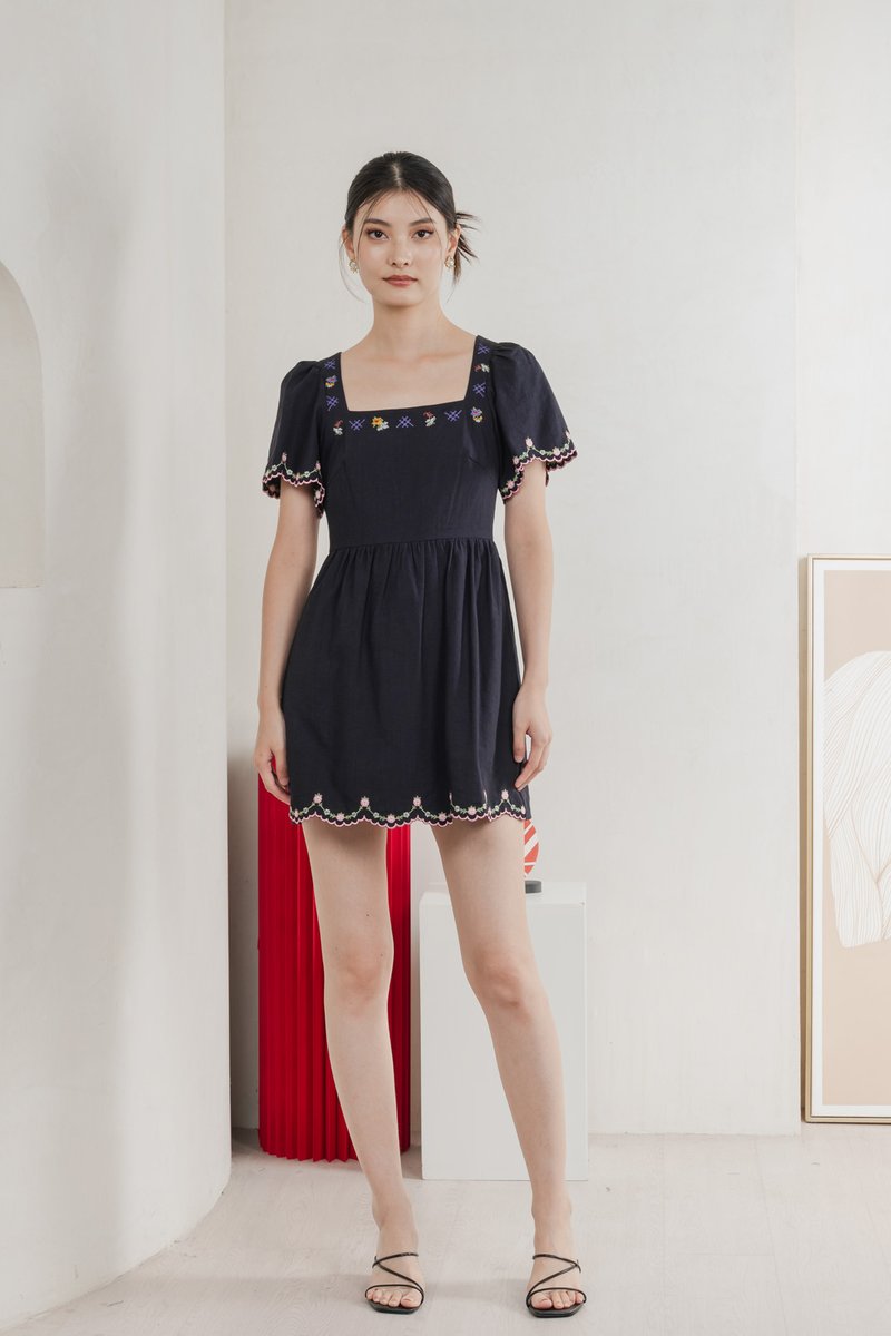 Pure Bliss Cross Stitch Embroidery Dress Romper In Navy