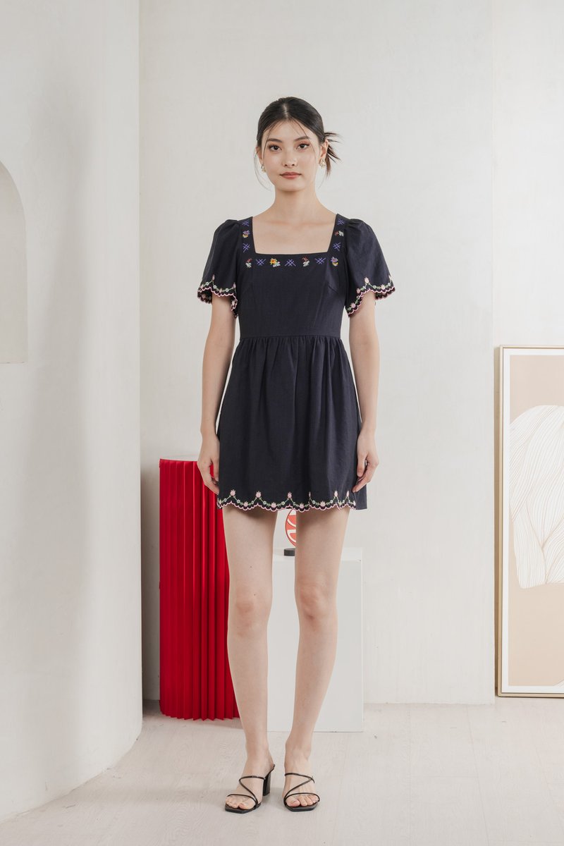 Pure Bliss Cross Stitch Embroidery Dress Romper In Navy