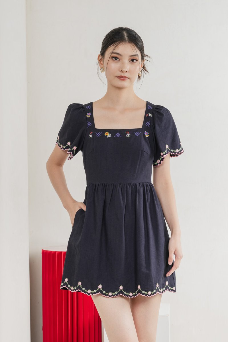 Pure Bliss Cross Stitch Embroidery Dress Romper In Navy