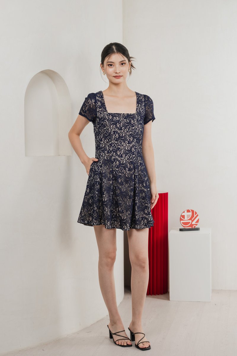 Ping Lace Overlay Dress In Navy