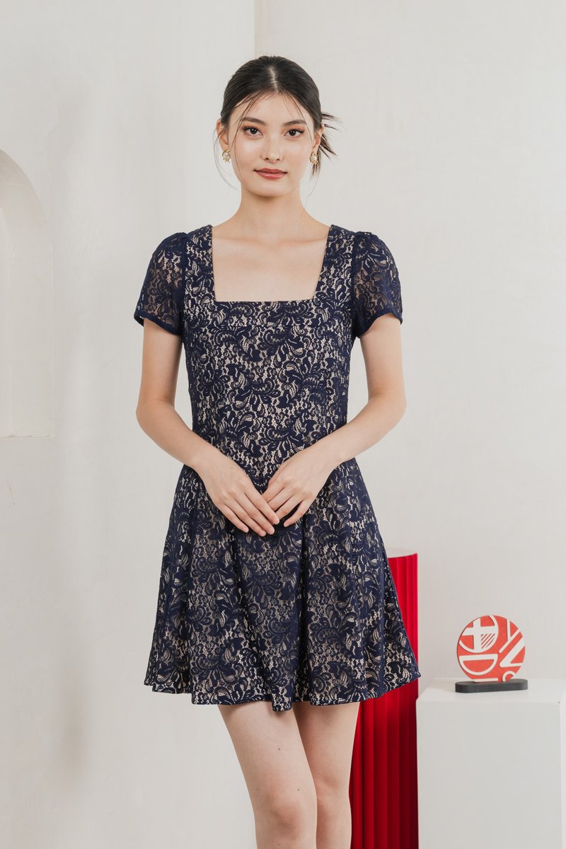 Ping Lace Overlay Dress In Navy