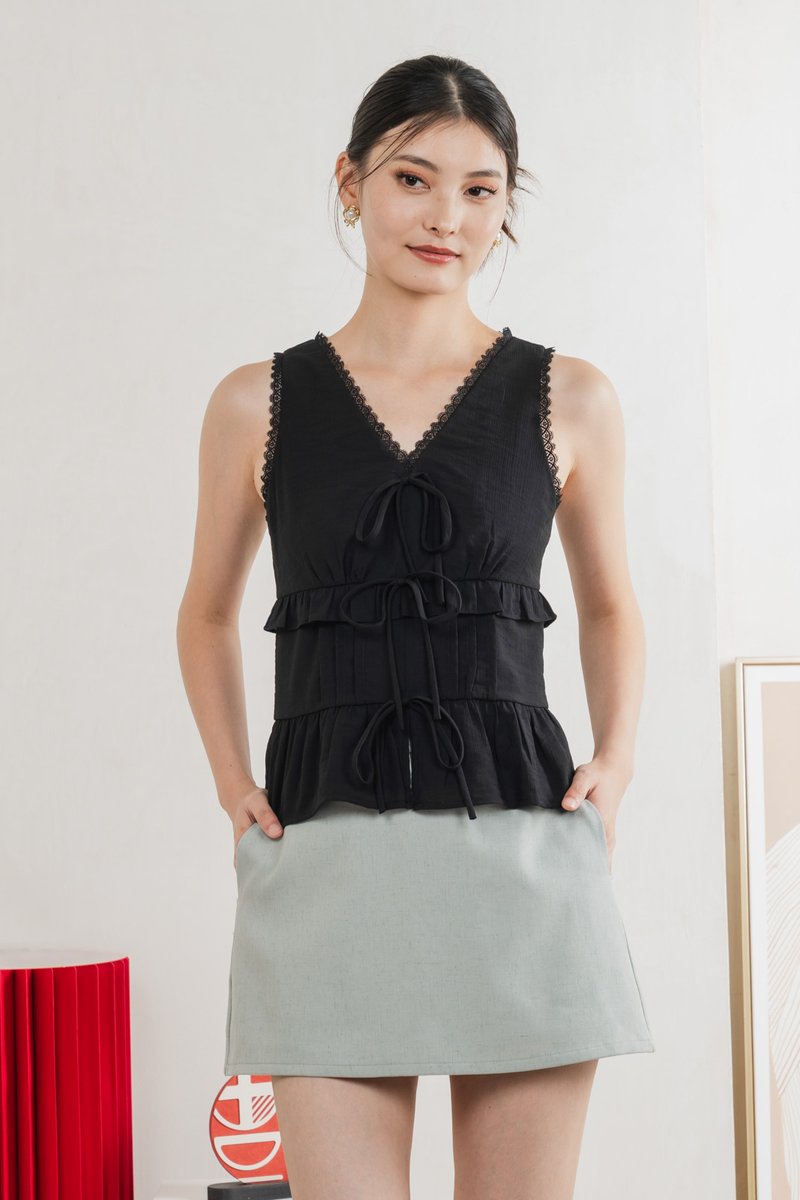 Lottie Textured Lace Ribbon Top In Black