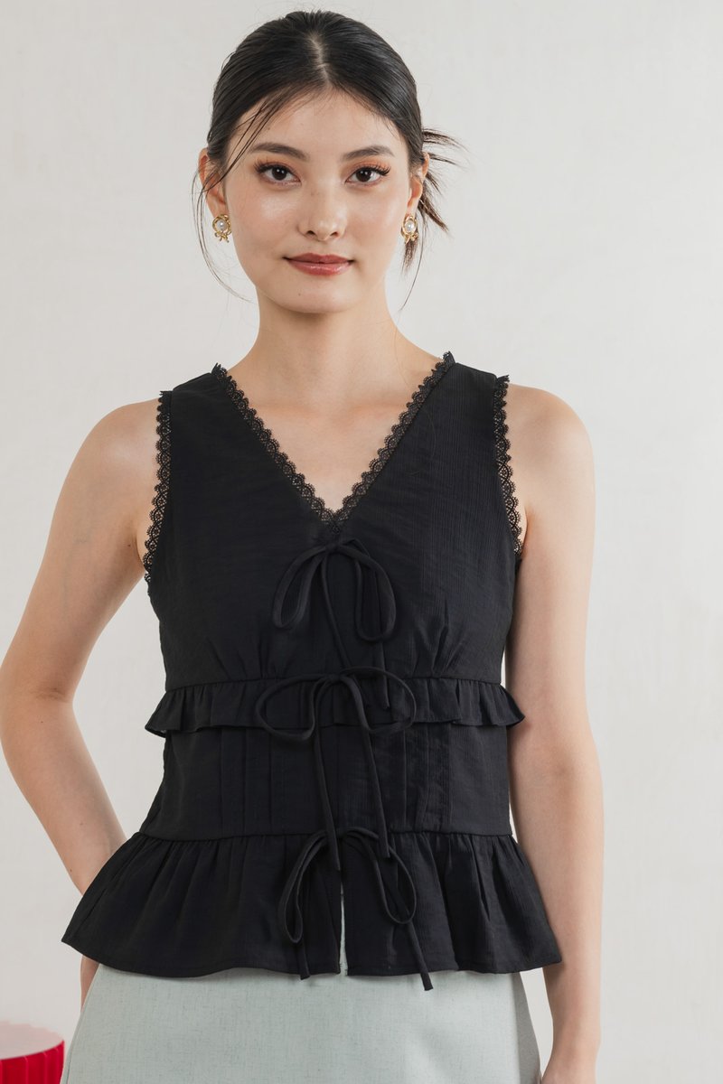 Lottie Textured Lace Ribbon Top In Black