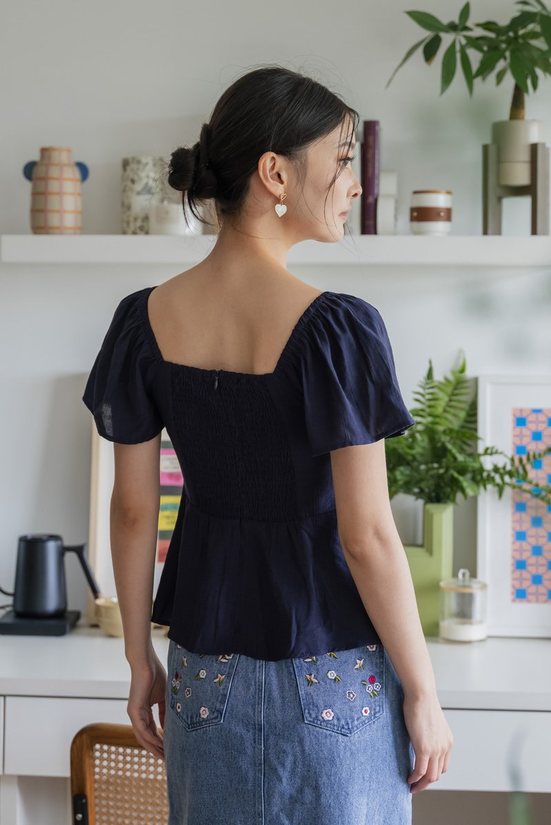 Poselle Textured Ribbon Ruched Top In Navy