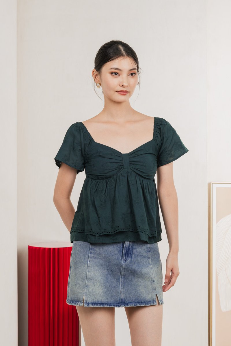 Paola Eyelet Bow Babydoll Top In Emerald