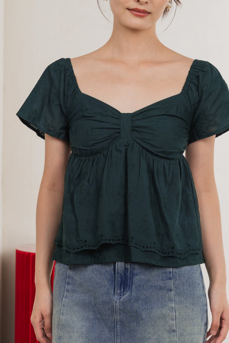 Paola Eyelet Bow Babydoll Top In Emerald
