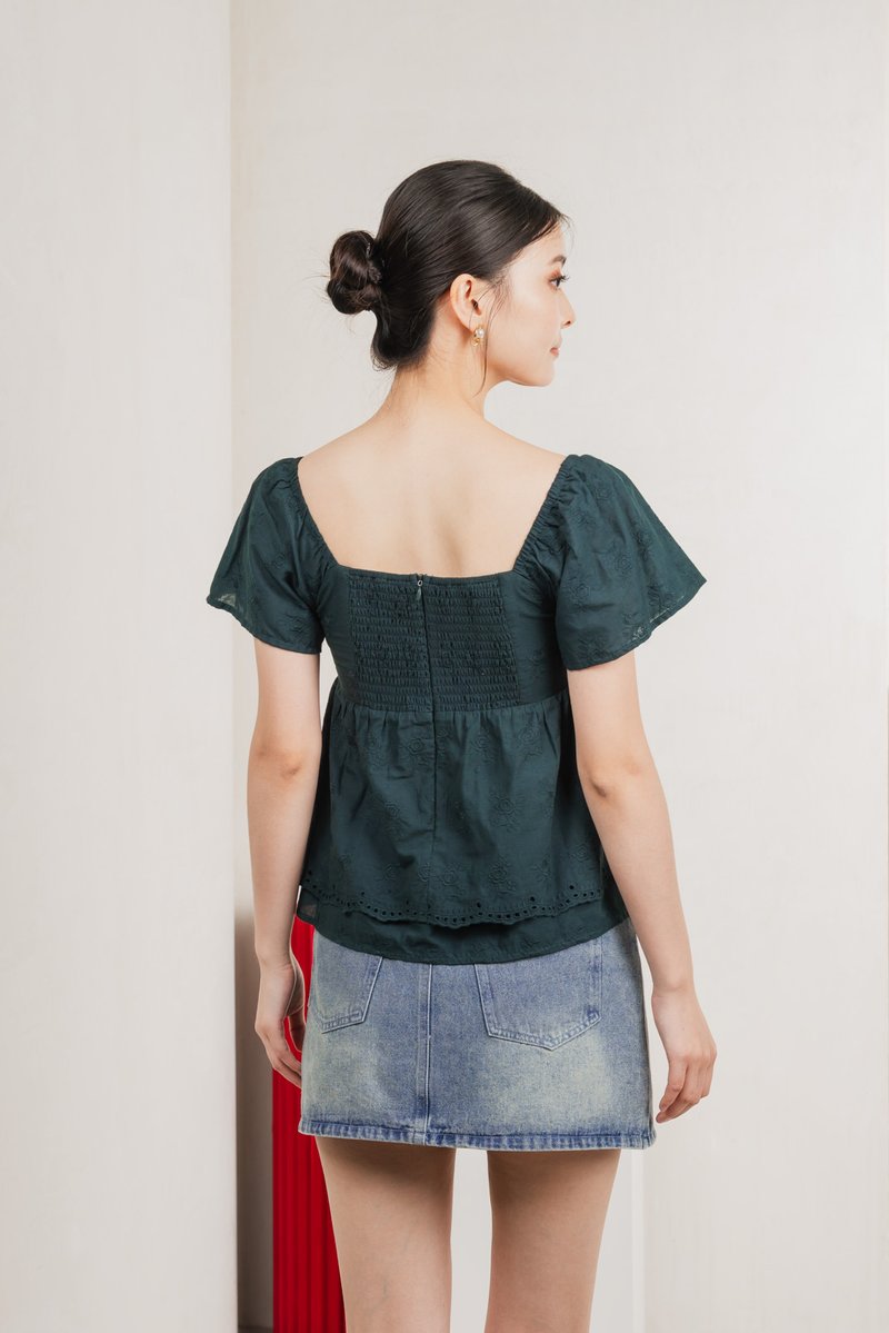 Paola Eyelet Bow Babydoll Top In Emerald