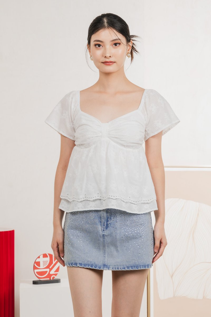 Paola Eyelet Bow Babydoll Top In White