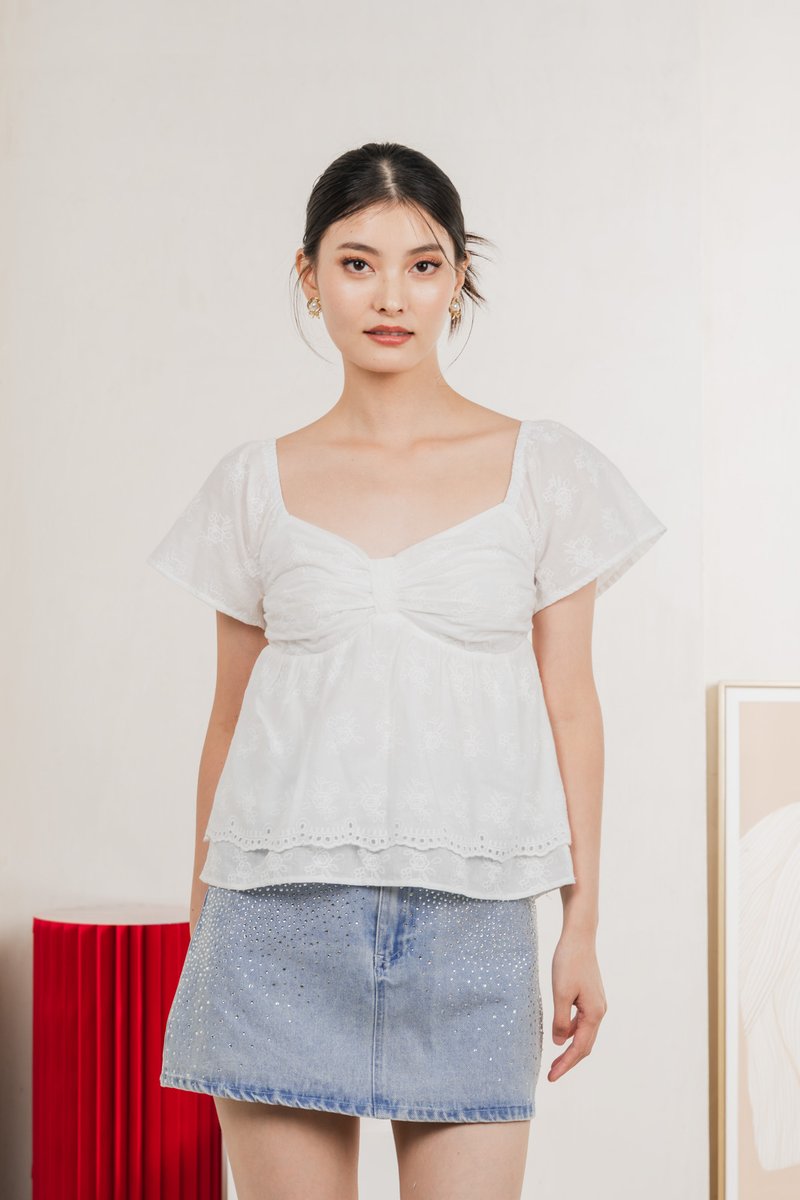 Paola Eyelet Bow Babydoll Top In White