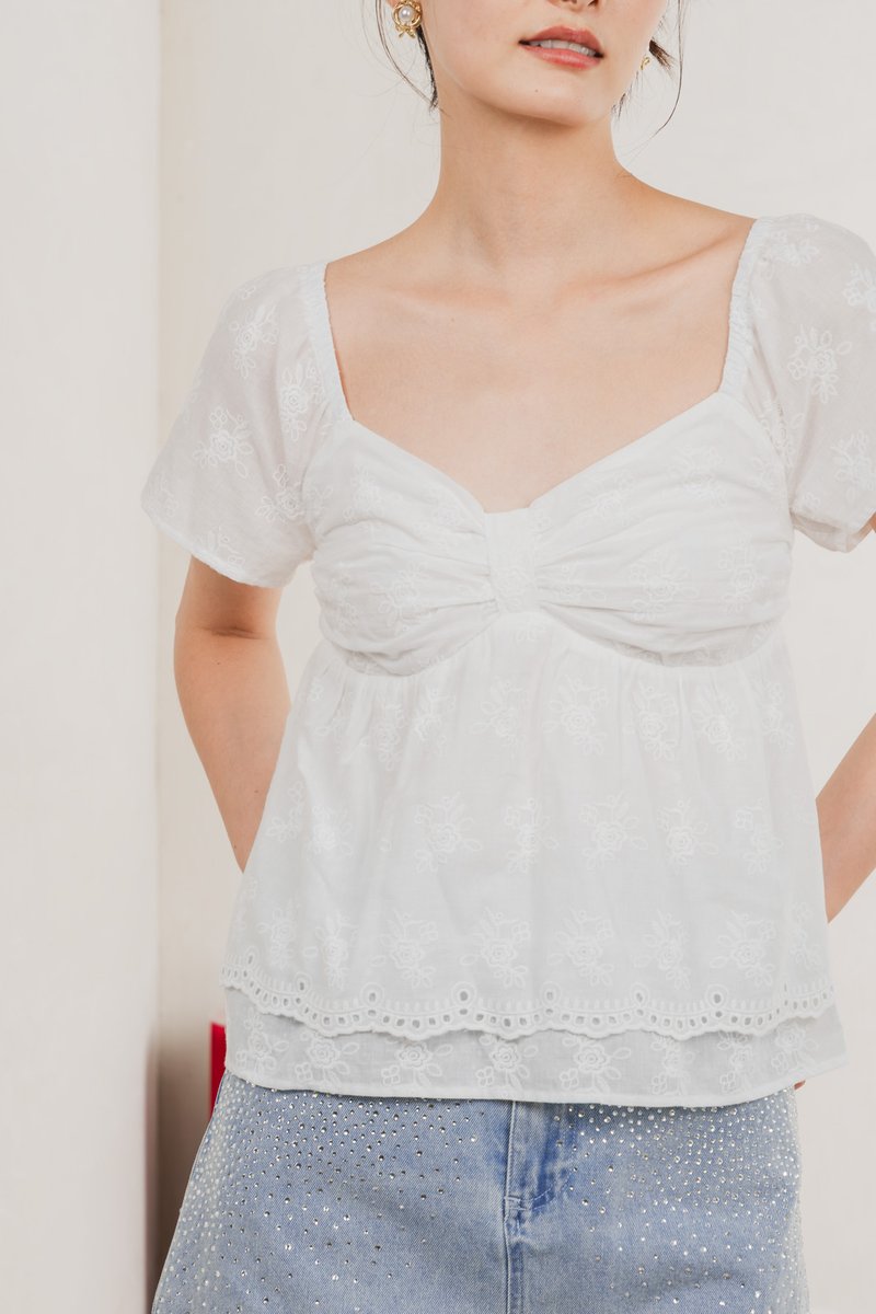 Paola Eyelet Bow Babydoll Top In White