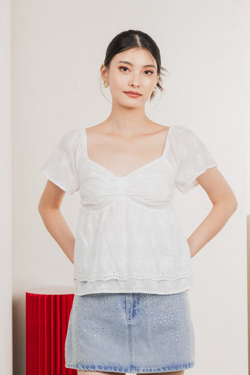 Paola Eyelet Bow Babydoll Top In White