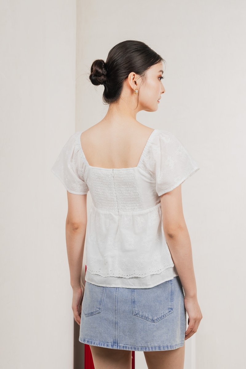Paola Eyelet Bow Babydoll Top In White